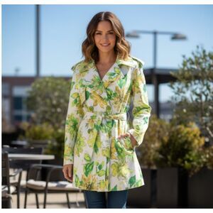Bernardo Trench Coat Floral Lined Jacket Tie Belt Womens Size L